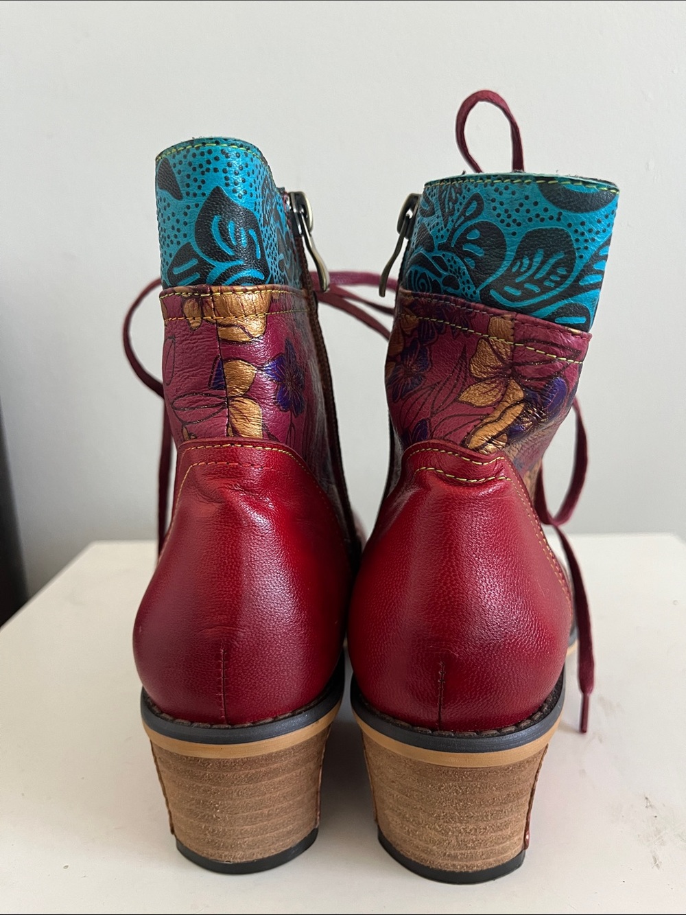 Women's Floral Lace-Up Ankle Boots in Burgundy and Teal Size 39 - Picture 3 of 7